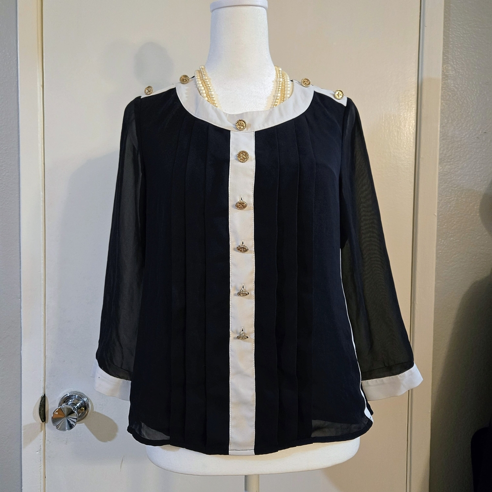 Edward Achour Paris Black & White Sheer Layered Blouse Gold Button Tie Back